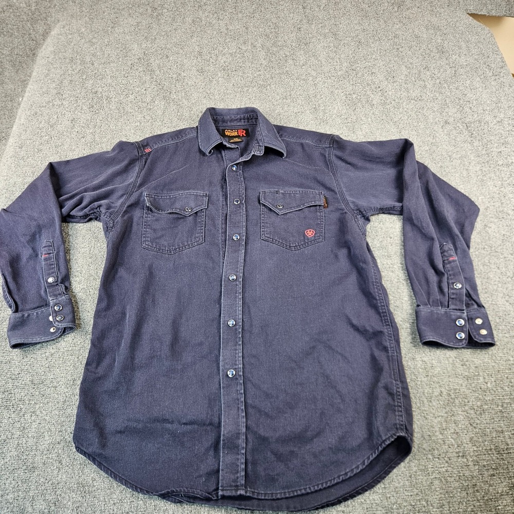 Ariat Work FR Mens Medium Navy Blue Flame Resistant Pearl Snap Work Shirt CAT 2